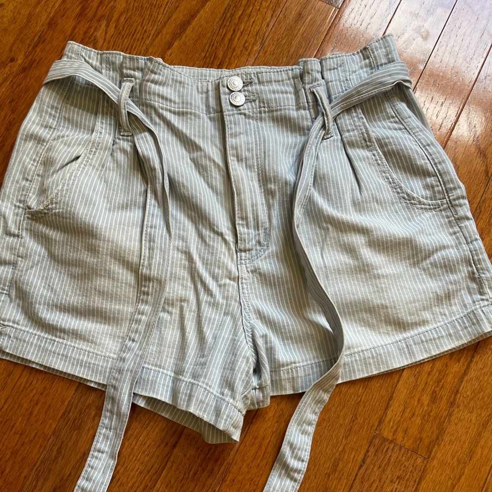 American Eagle Outfitters Light Blue & White Striped High-Waist Tie Shorts